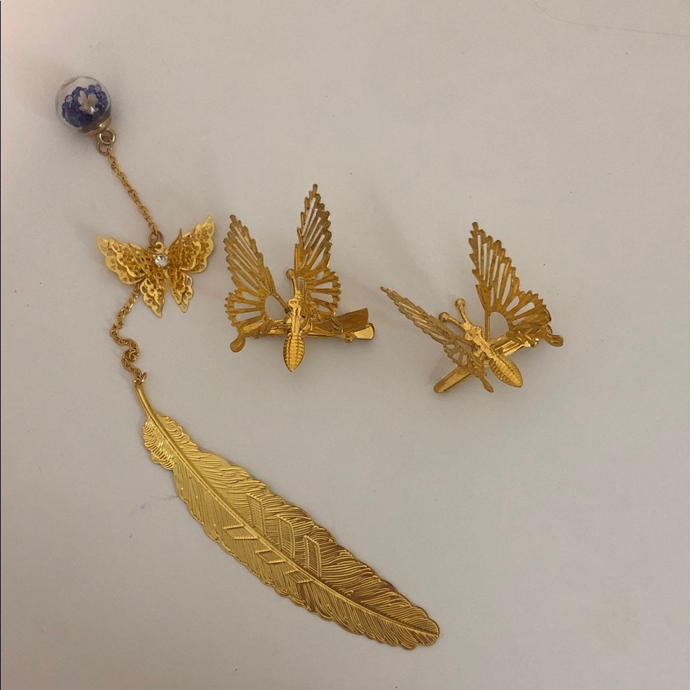 Gold Butterfly hair clips and Feather Women’s Jewelry Set